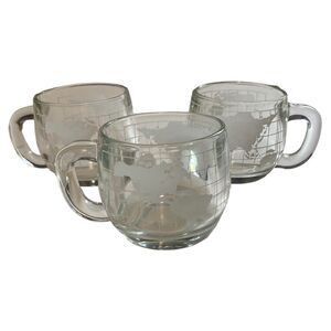 Set of 3 Vintage Nestle Nescafe World Map Globe Etched Glass Coffee Cup Mugs